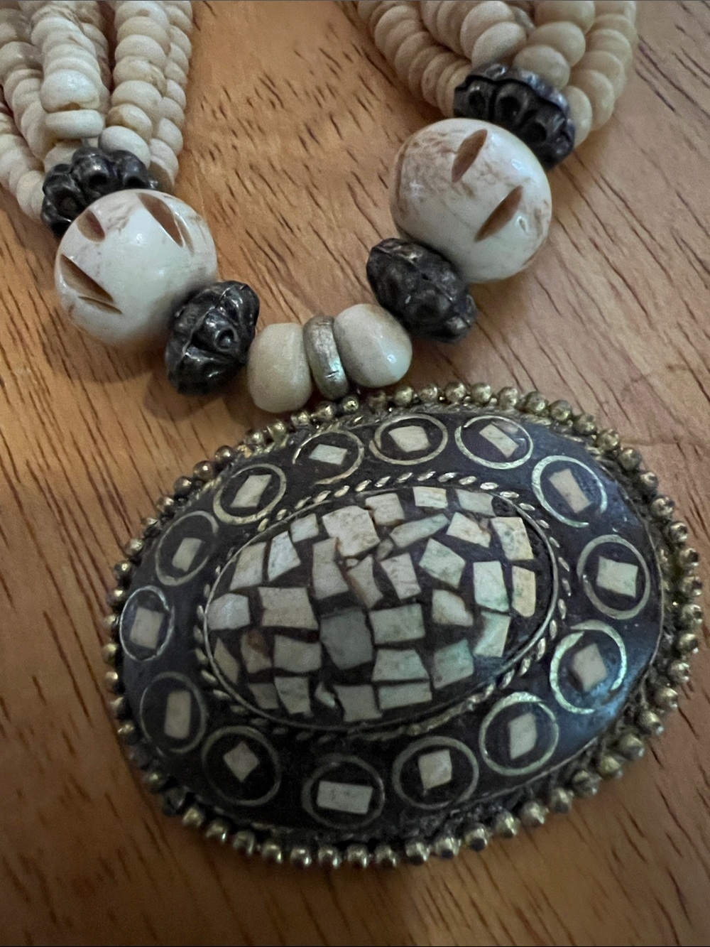 Vintage 70’s Hippie BOHO Bovine Carved Bone unique hand statement necklace